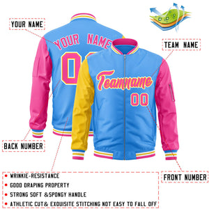 Custom Powder Blue Pink-Gold Varsity Full-Zip Raglan Sleeves Letterman Bomber Jacket