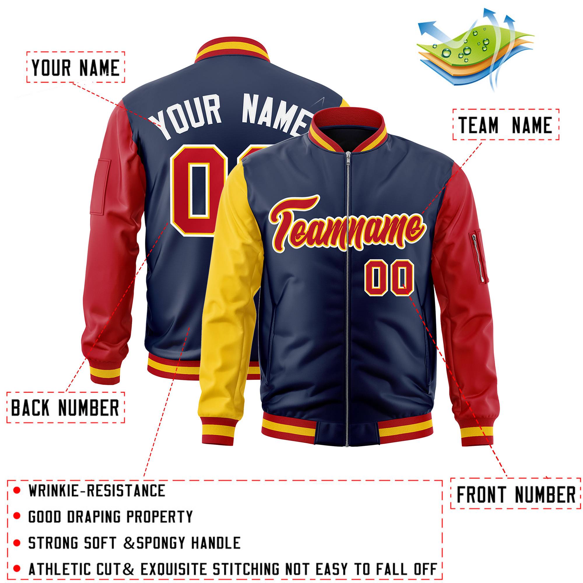 Custom Navy Red-Gold Varsity Full-Zip Raglan Sleeves Letterman Bomber Jacket