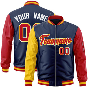 Custom Navy Red-Gold Varsity Full-Zip Raglan Sleeves Letterman Bomber Jacket