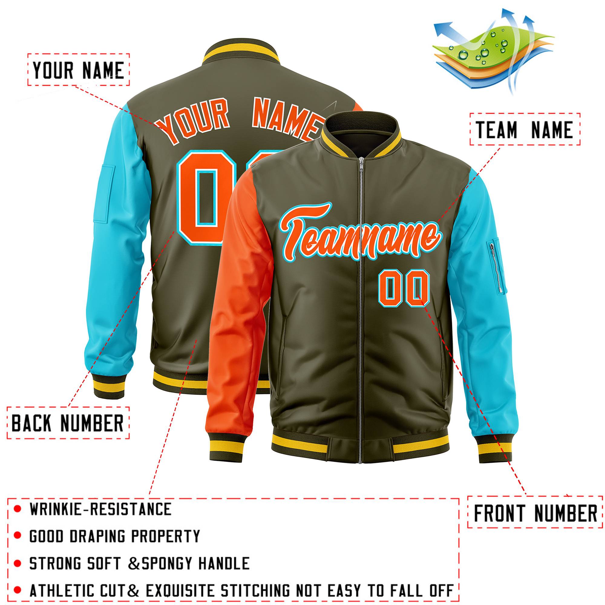 Custom Olive Sky Blue-Orange Varsity Full-Zip Raglan Sleeves Letterman Bomber Jacket