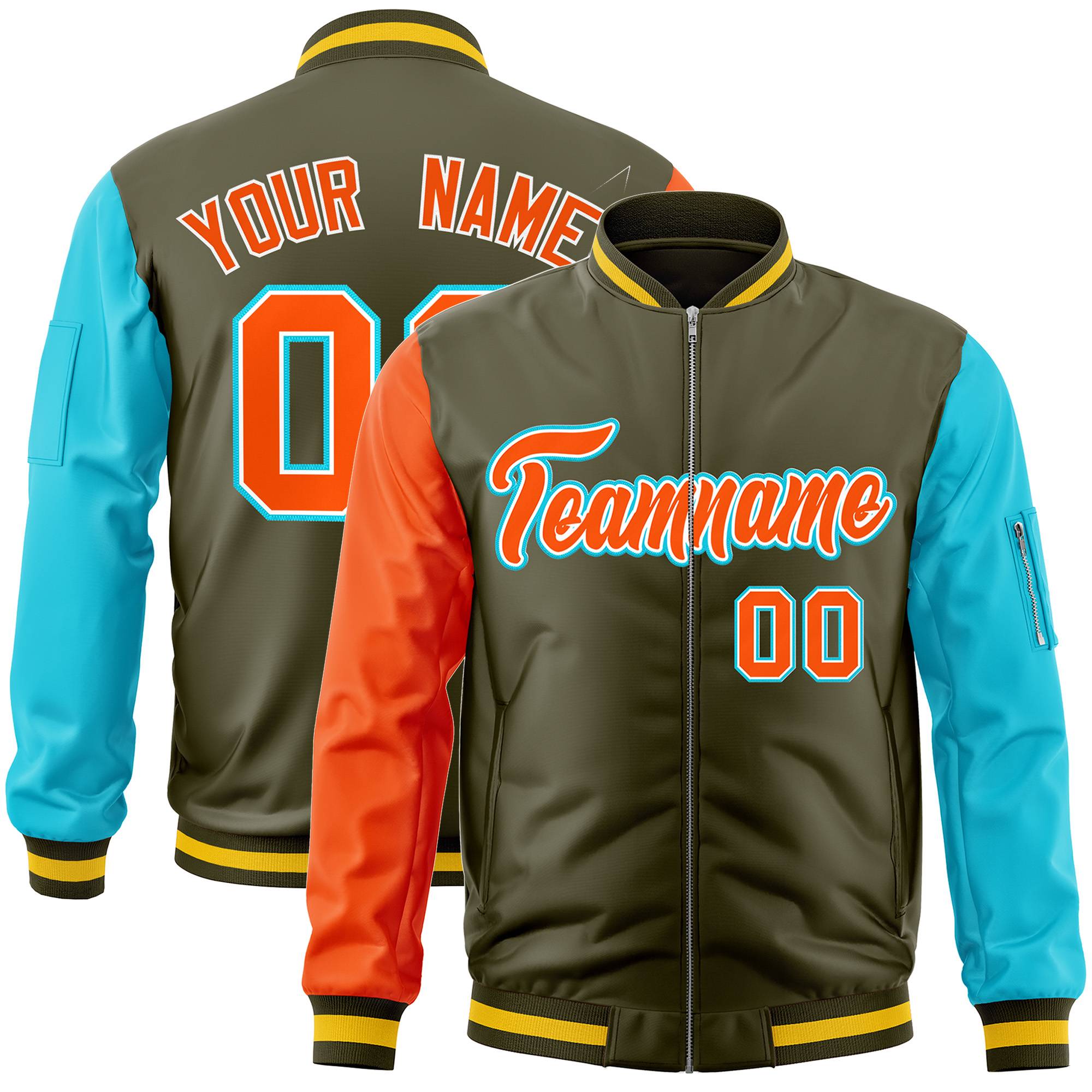 Custom Olive Sky Blue-Orange Varsity Full-Zip Raglan Sleeves Letterman Bomber Jacket