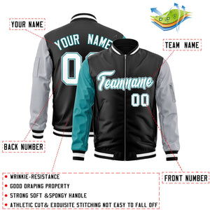 Custom Black Gray-Aqua Varsity Full-Zip Raglan Sleeves Letterman Bomber Jacket