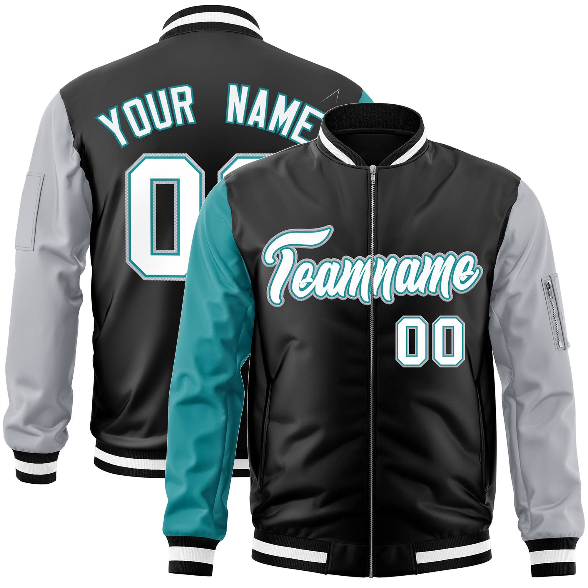 Custom Black Gray-Aqua Varsity Full-Zip Raglan Sleeves Letterman Bomber Jacket