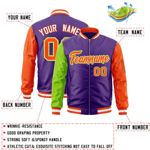 Custom Purple Orange-Neon Green Varsity Full-Zip Raglan Sleeves Letterman Bomber Jacket