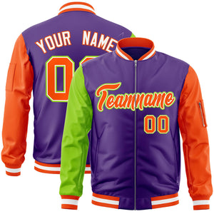 Custom Purple Orange-Neon Green Varsity Full-Zip Raglan Sleeves Letterman Bomber Jacket