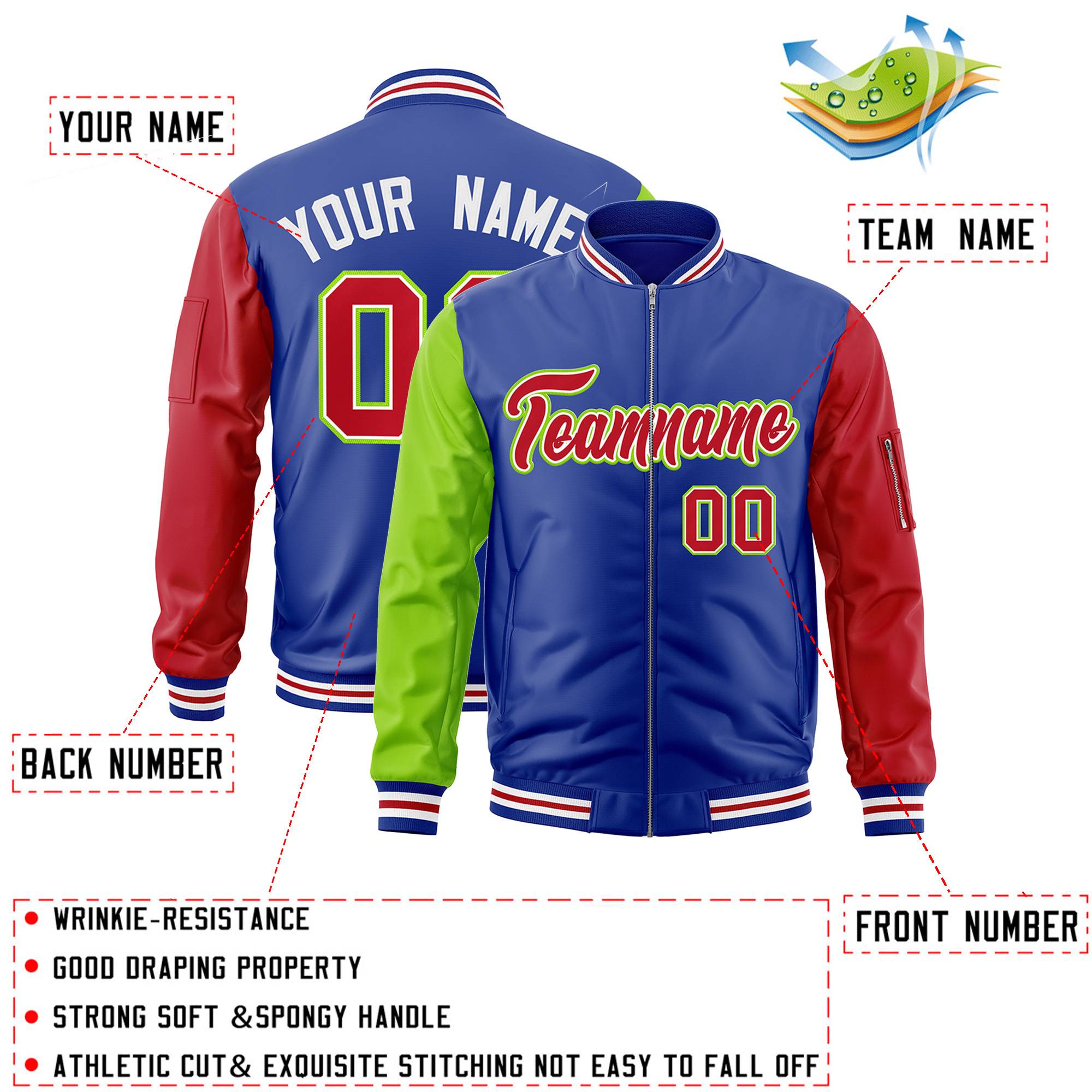 Custom Royal Red-Neon Green Varsity Full-Zip Raglan Sleeves Letterman Bomber Jacket