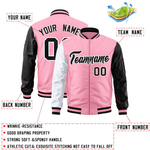 Custom Light Pink Black-White Varsity Full-Zip Raglan Sleeves Letterman Bomber Jacket