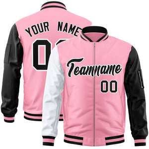 Custom Light Pink Black-White Varsity Full-Zip Raglan Sleeves Letterman Bomber Jacket