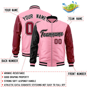 Custom Light Pink Crimson-Black Varsity Full-Zip Raglan Sleeves Letterman Bomber Jacket