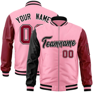 Custom Light Pink Crimson-Black Varsity Full-Zip Raglan Sleeves Letterman Bomber Jacket