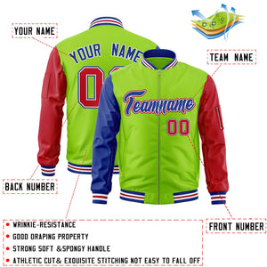 Custom Neon Green Red-Royal Varsity Full-Zip Raglan Sleeves Letterman Bomber Jacket