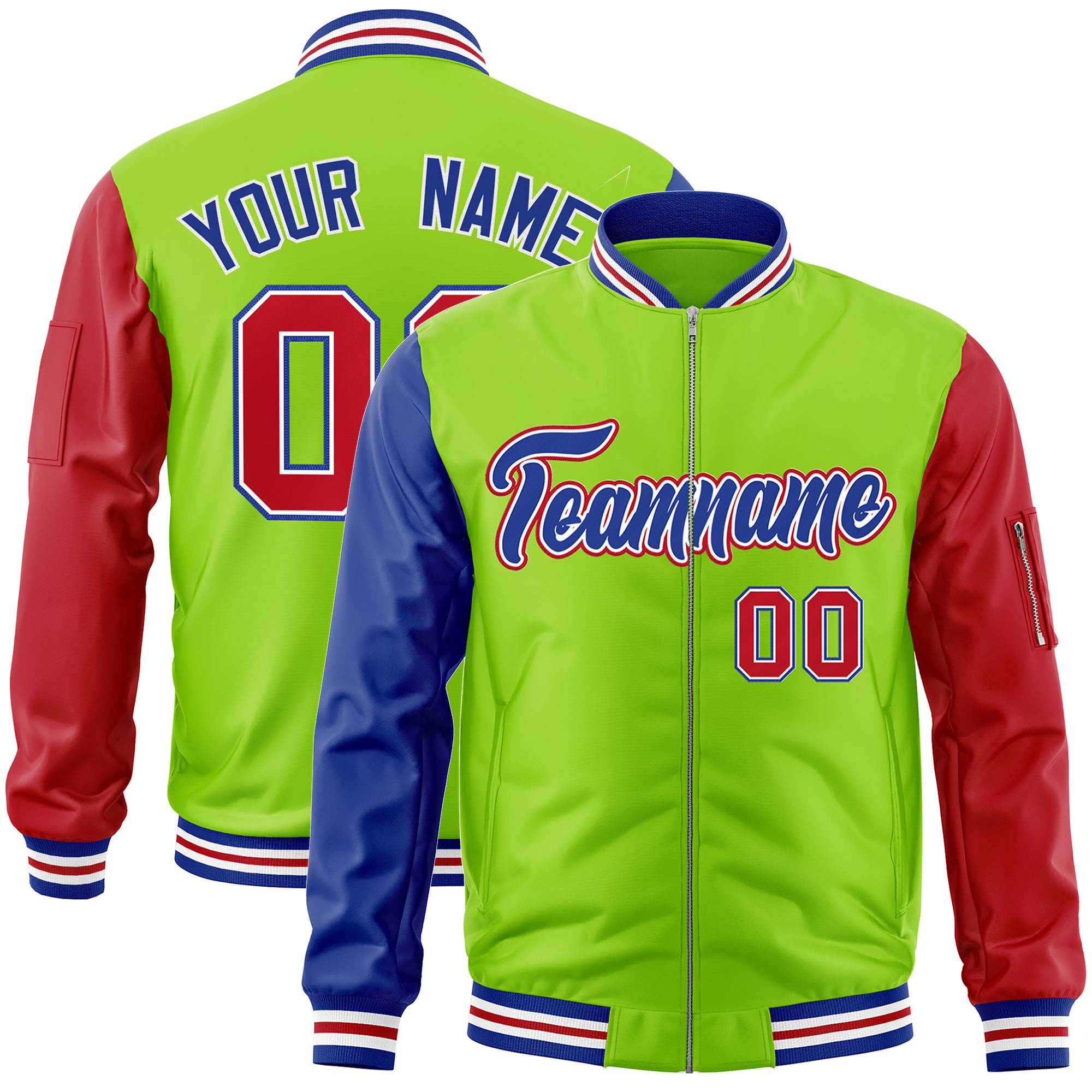 Custom Neon Green Red-Royal Varsity Full-Zip Raglan Sleeves Letterman Bomber Jacket