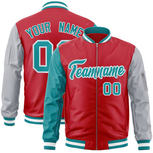 Custom Red Gray-Aqua Varsity Full-Zip Raglan Sleeves Letterman Bomber Jacket