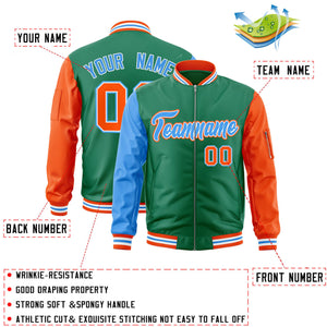 Custom Kelly Green Orange-Powder Blue Varsity Full-Zip Raglan Sleeves Letterman Bomber Jacket