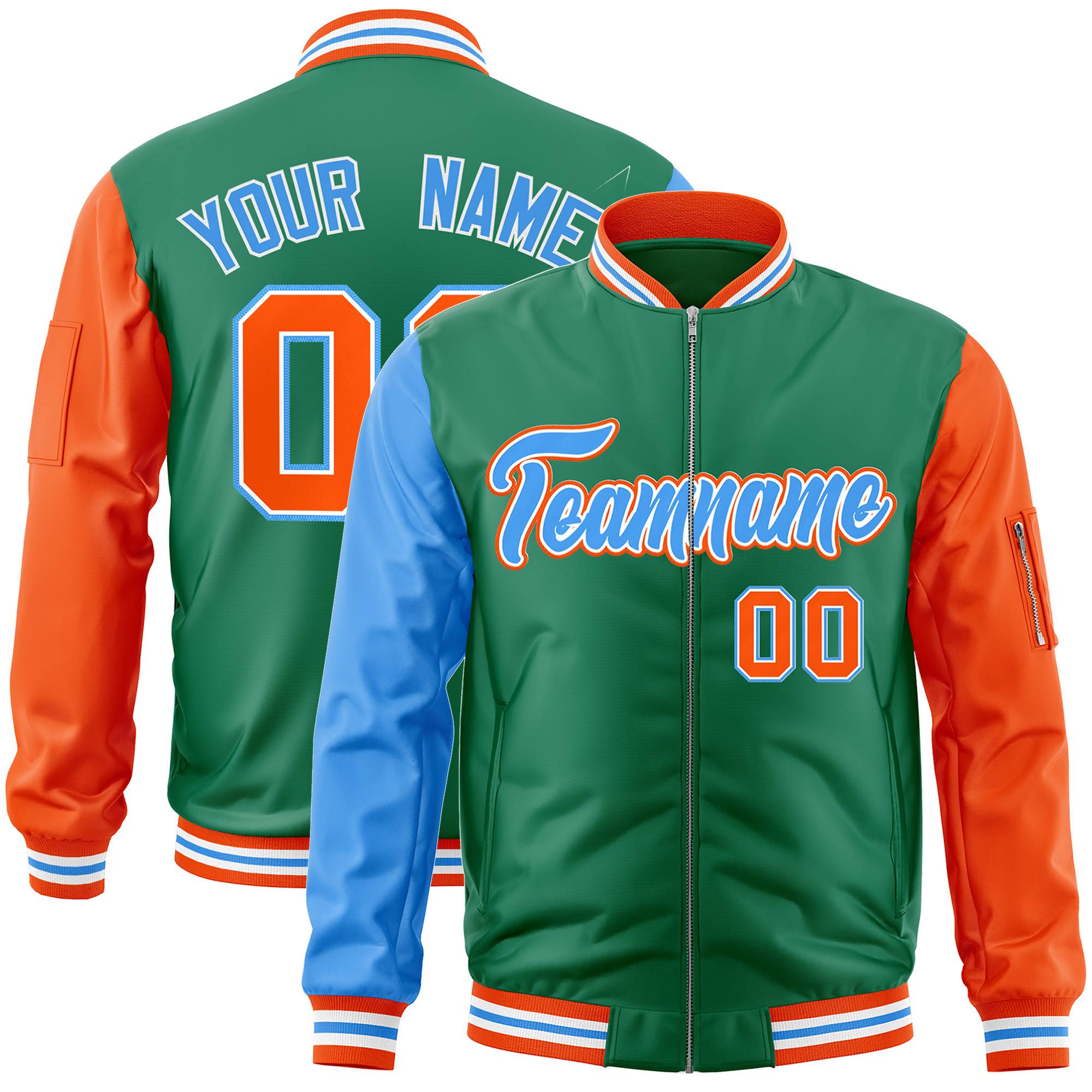 Custom Kelly Green Orange-Powder Blue Varsity Full-Zip Raglan Sleeves Letterman Bomber Jacket