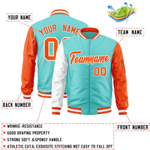 Custom Bright Green Orange-White Varsity Full-Zip Raglan Sleeves Letterman Bomber Jacket