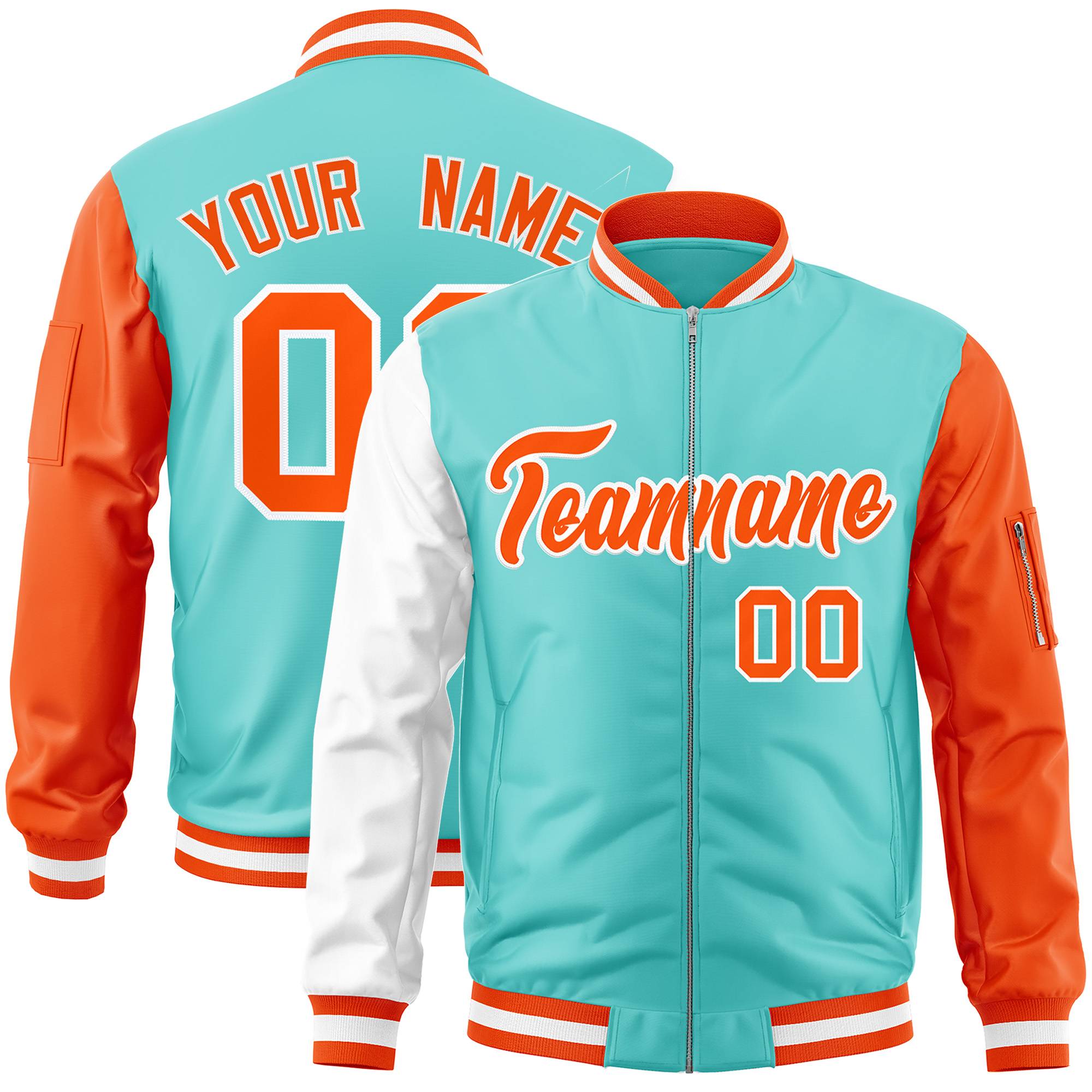 Custom Bright Green Orange-White Varsity Full-Zip Raglan Sleeves Letterman Bomber Jacket