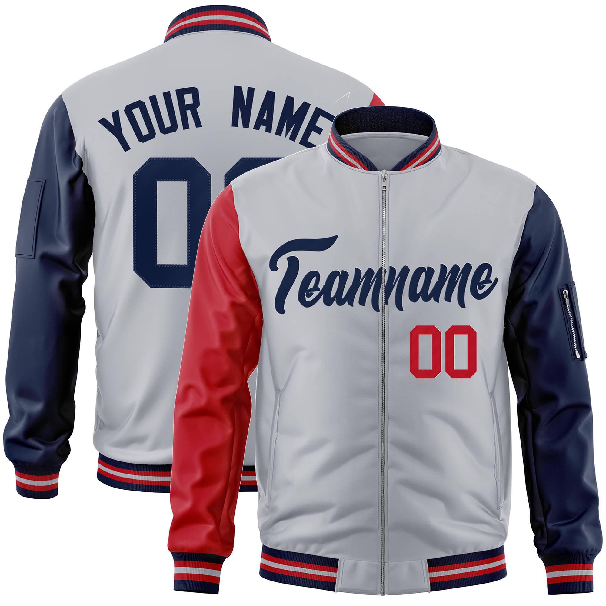 Custom Gray Navy-Red Varsity Full-Zip Raglan Sleeves Letterman Bomber Jacket