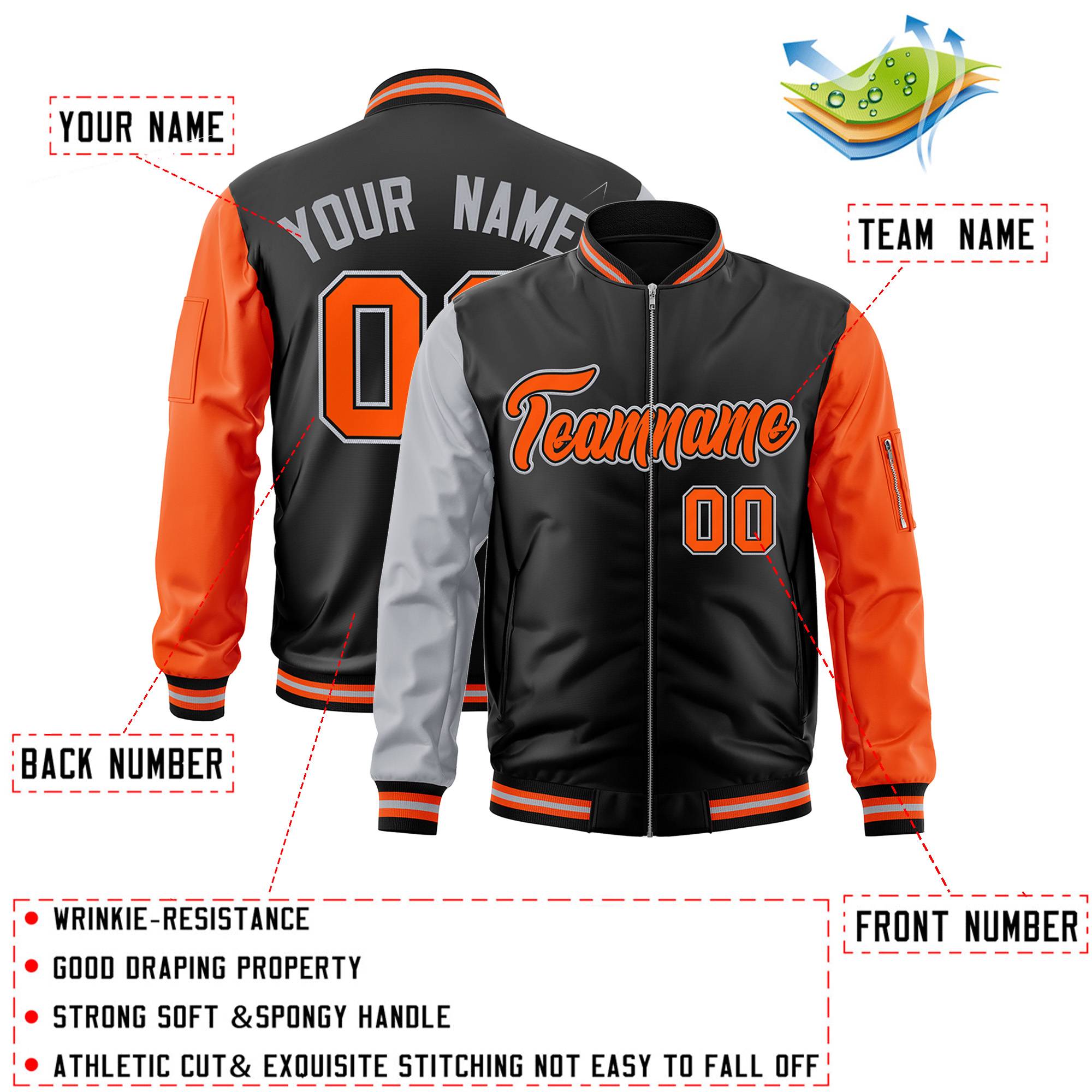 Custom Black Orange-Gray Varsity Full-Zip Raglan Sleeves Letterman Bomber Jacket