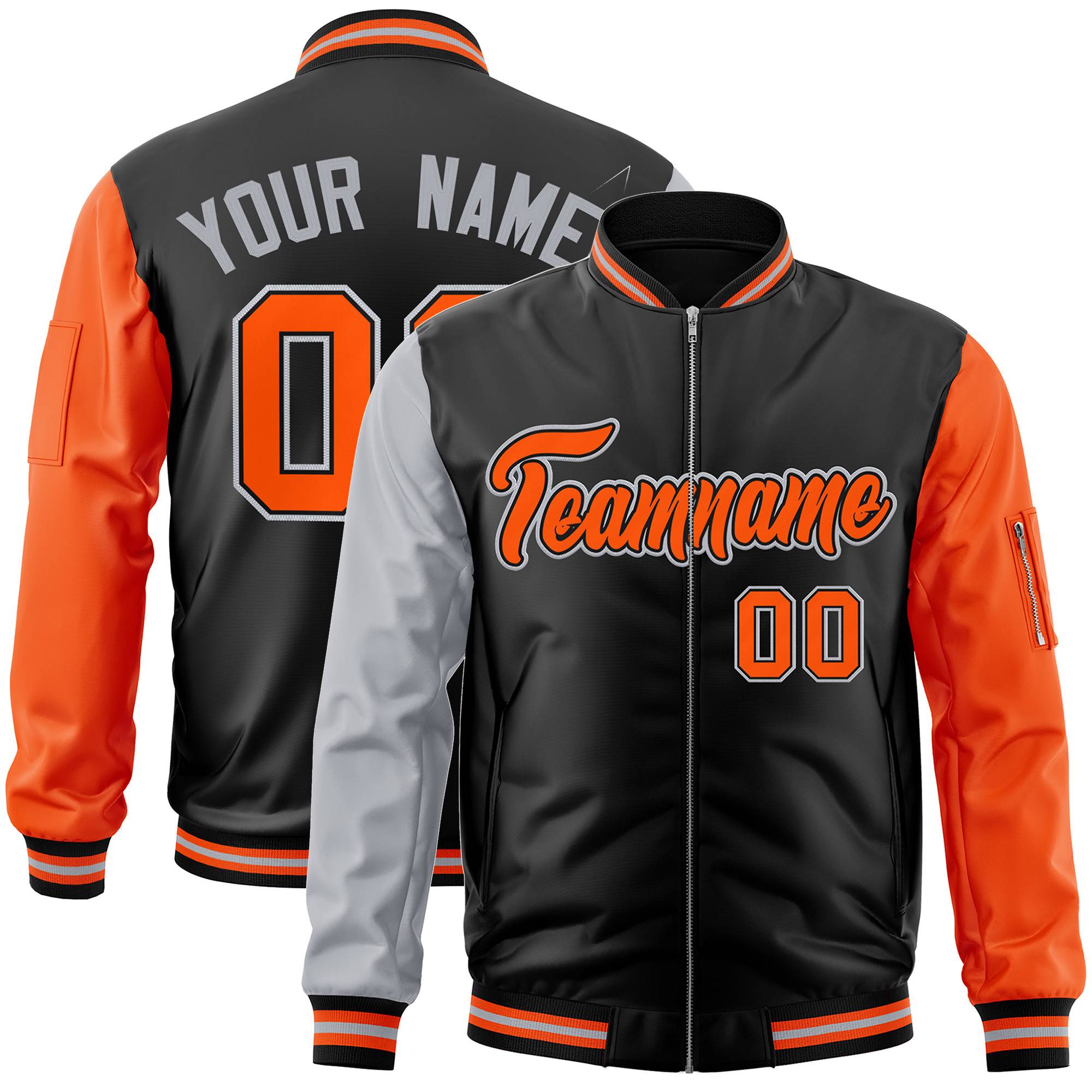 Custom Black Orange-Gray Varsity Full-Zip Raglan Sleeves Letterman Bomber Jacket