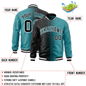 Custom Black Aqua Full-Zip Gradient Fashion Letterman Bomber Jacket