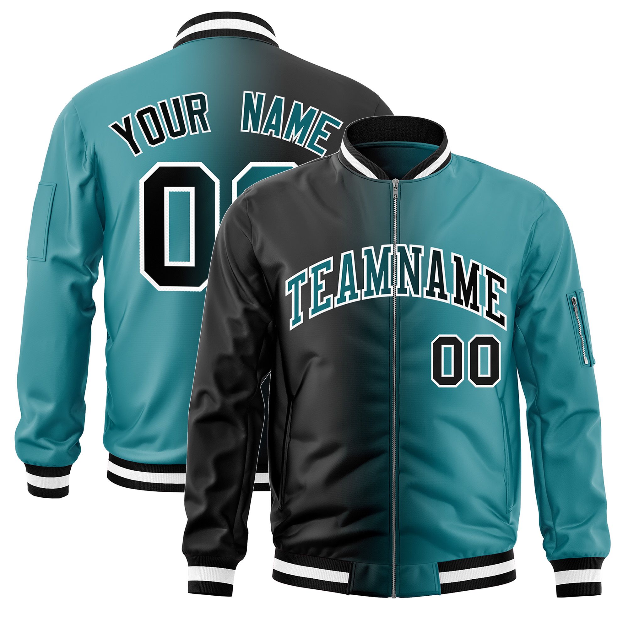 Custom Black Aqua Full-Zip Gradient Fashion Letterman Bomber Jacket