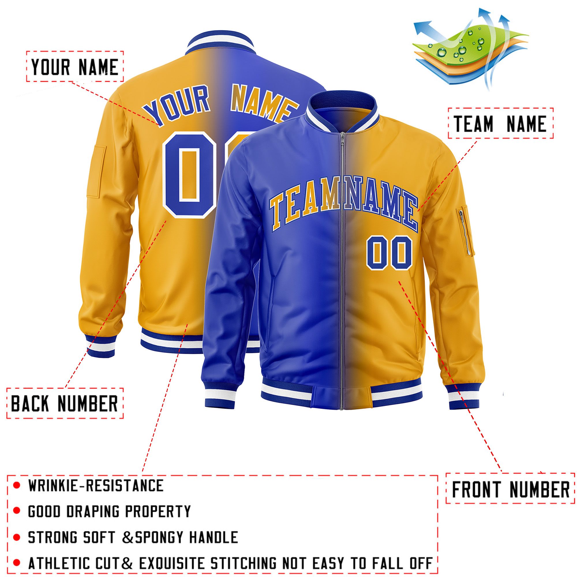 Custom Royal Yellow Full-Zip Gradient Fashion Letterman Bomber Jacket