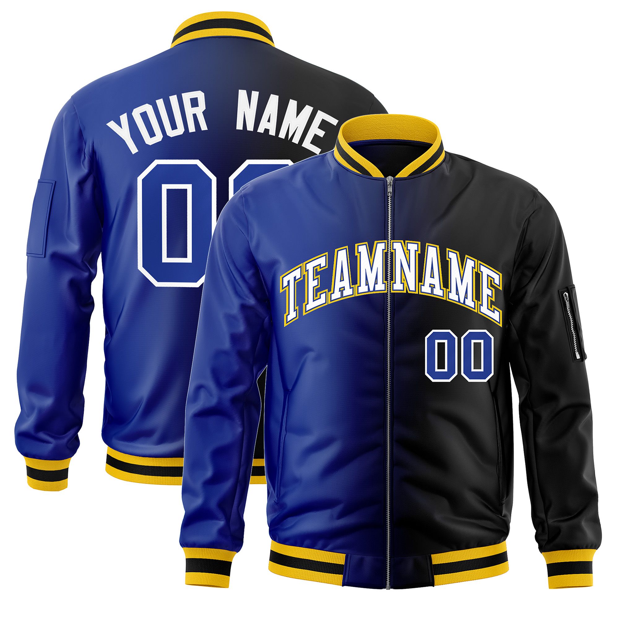 Custom Royal Black Full-Zip Gradient Fashion Letterman Bomber Jacket