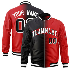 Custom Black Red Full-Zip Gradient Fashion Letterman Bomber Jacket