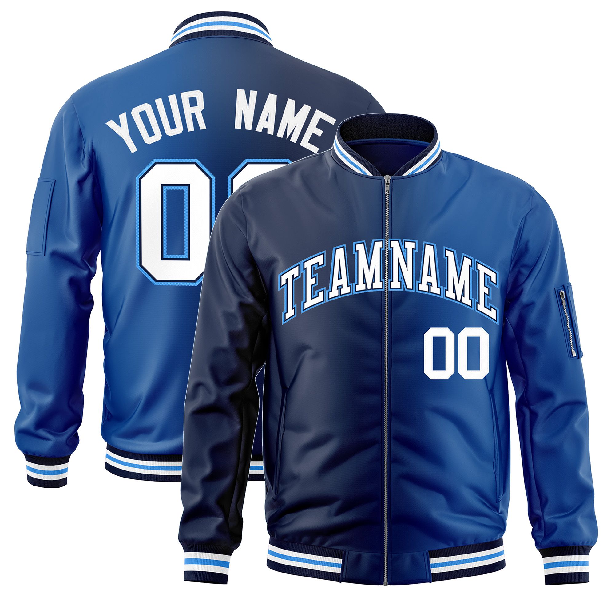 Custom Navy Royal Full-Zip Gradient Fashion Letterman Bomber Jacket