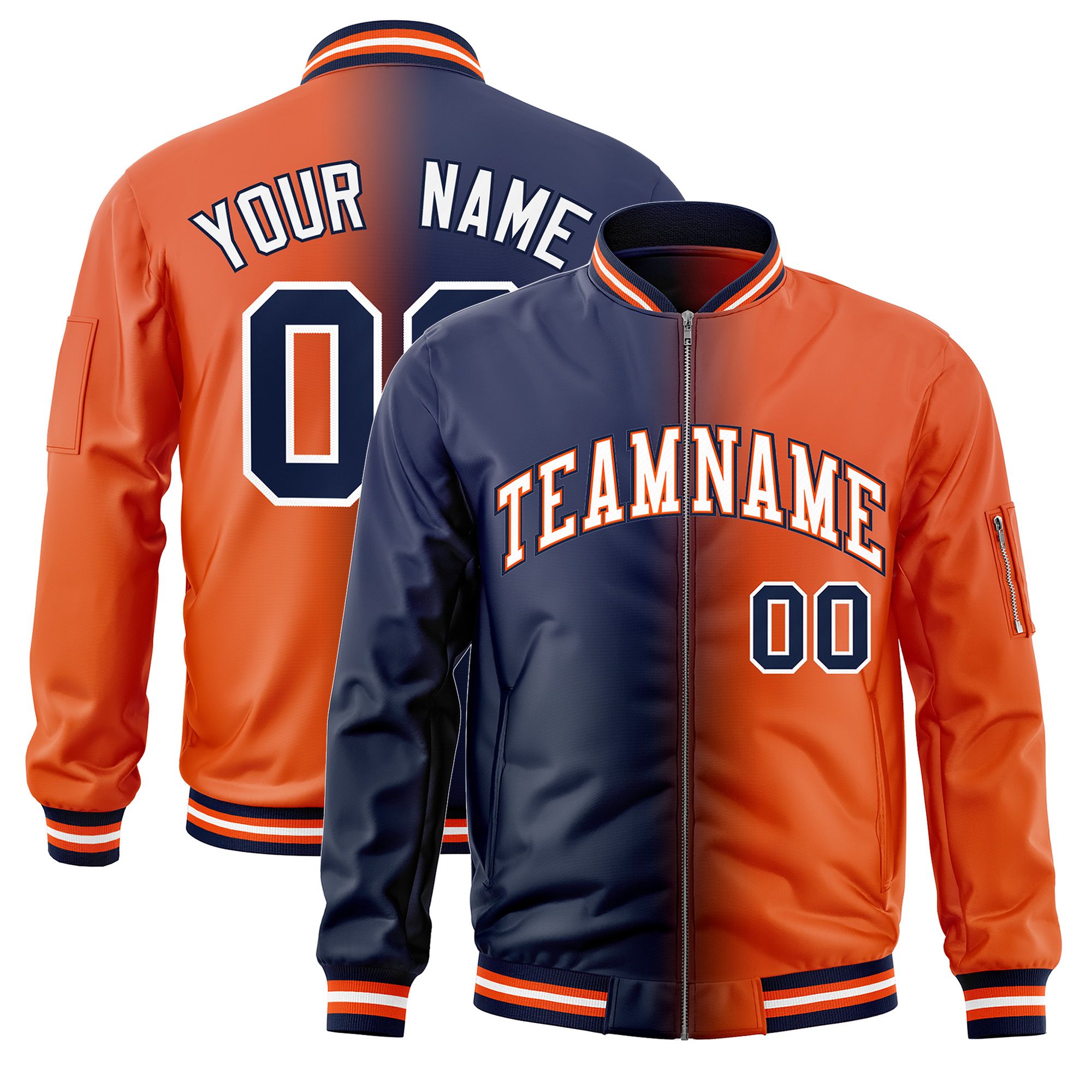 Custom Navy Orange Full-Zip Gradient Fashion Letterman Bomber Jacket