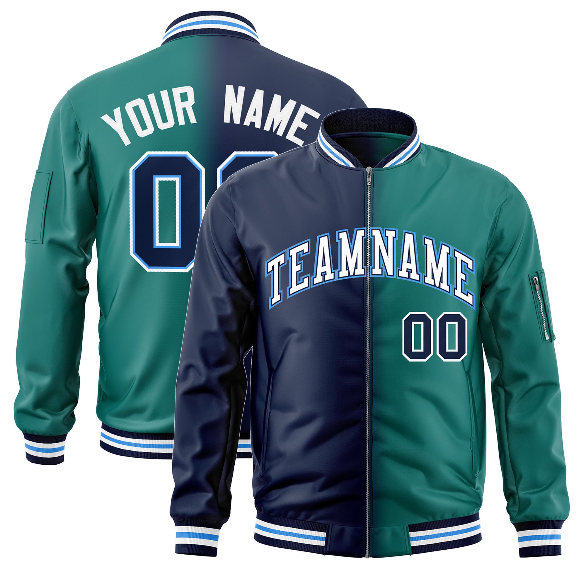 Custom Navy Aqua Full-Zip Gradient Fashion Letterman Bomber Jacket