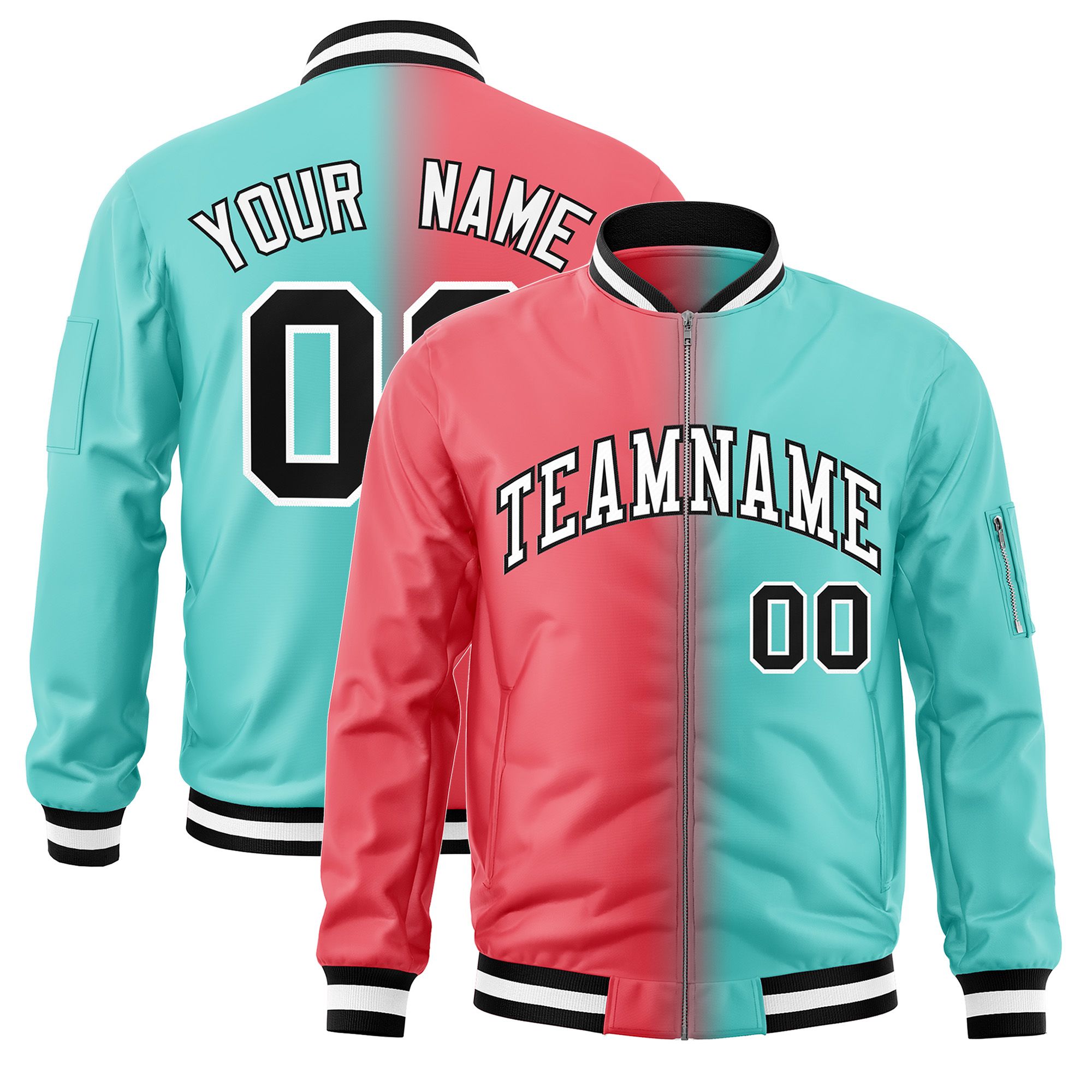 Custom Light Red Bright Green Full-Zip Gradient Fashion Letterman Bomber Jacket