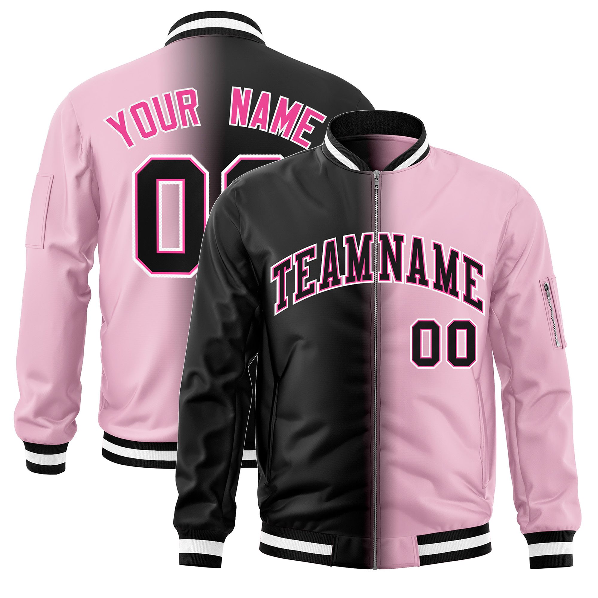 Custom Black Light Pink Full-Zip Gradient Fashion Letterman Bomber Jacket