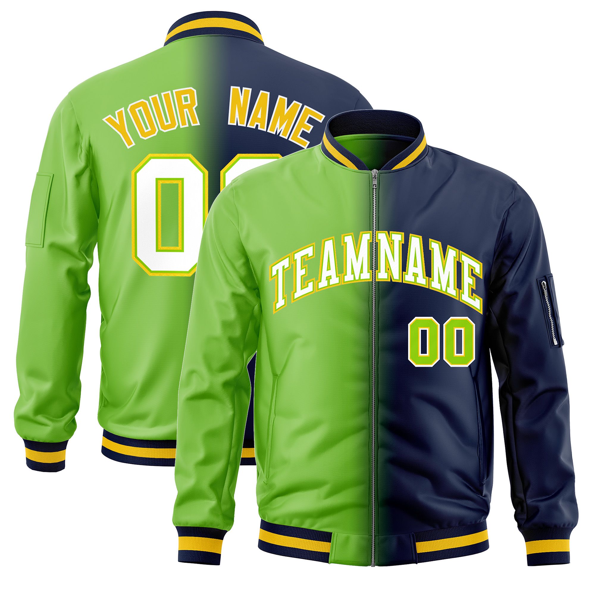 Custom Neon Green Navy Full-Zip Gradient Fashion Letterman Bomber Jacket