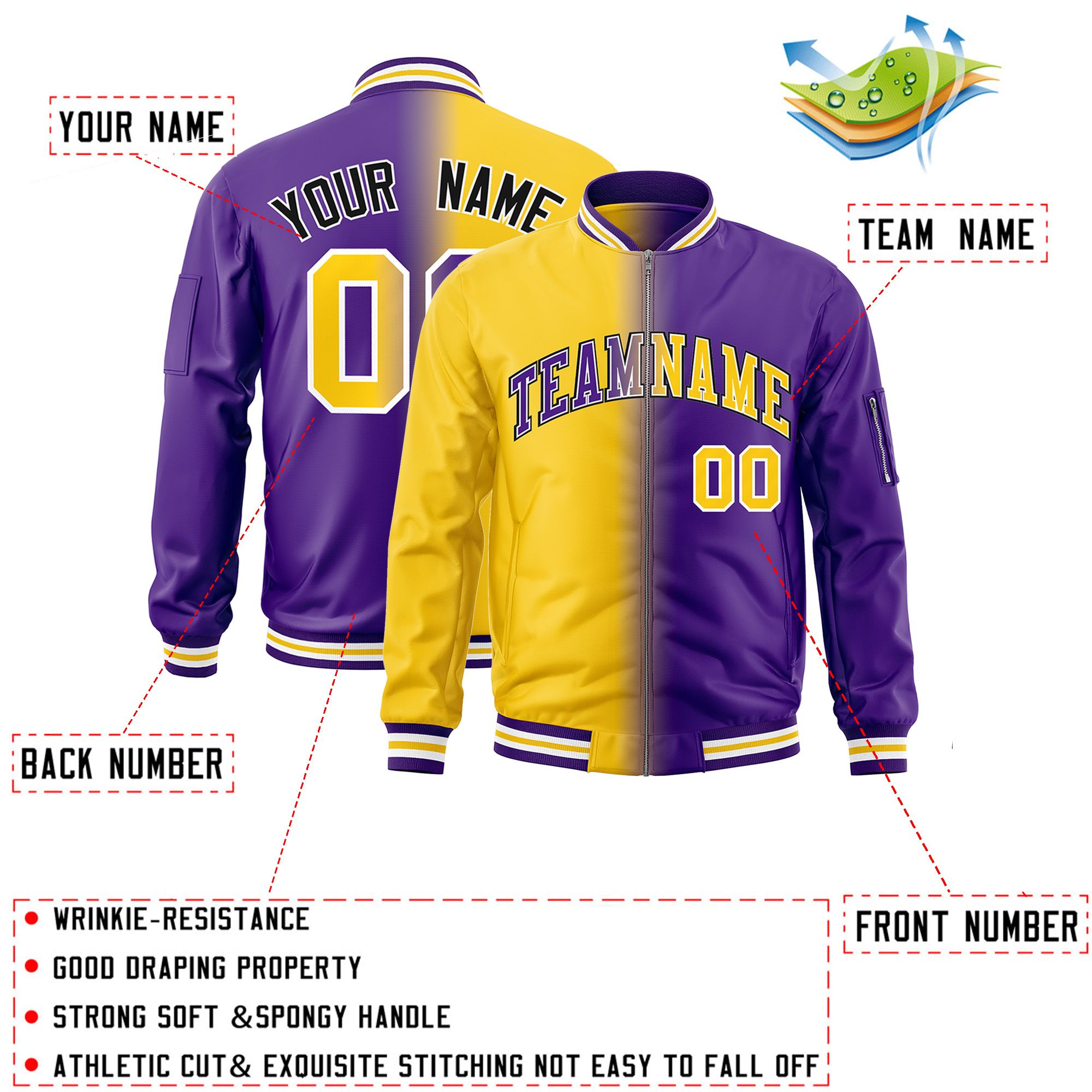 Custom Gold Purple Full-Zip Gradient Fashion Letterman Bomber Jacket