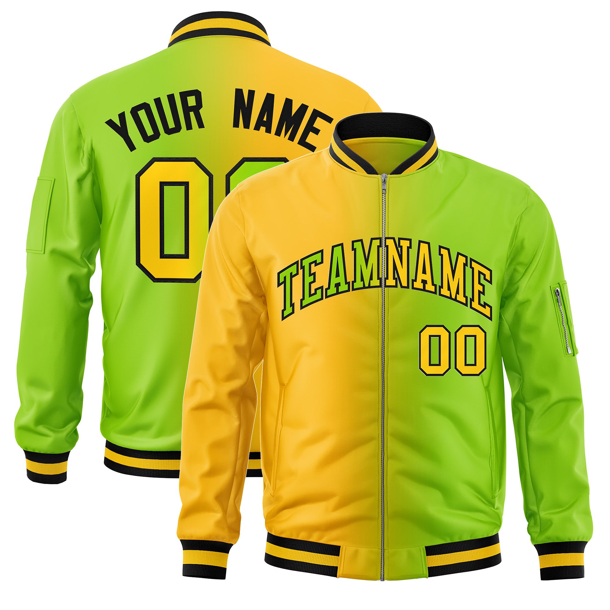 Custom Neon Green Gold Full-Zip Gradient Fashion Letterman Bomber Jacket