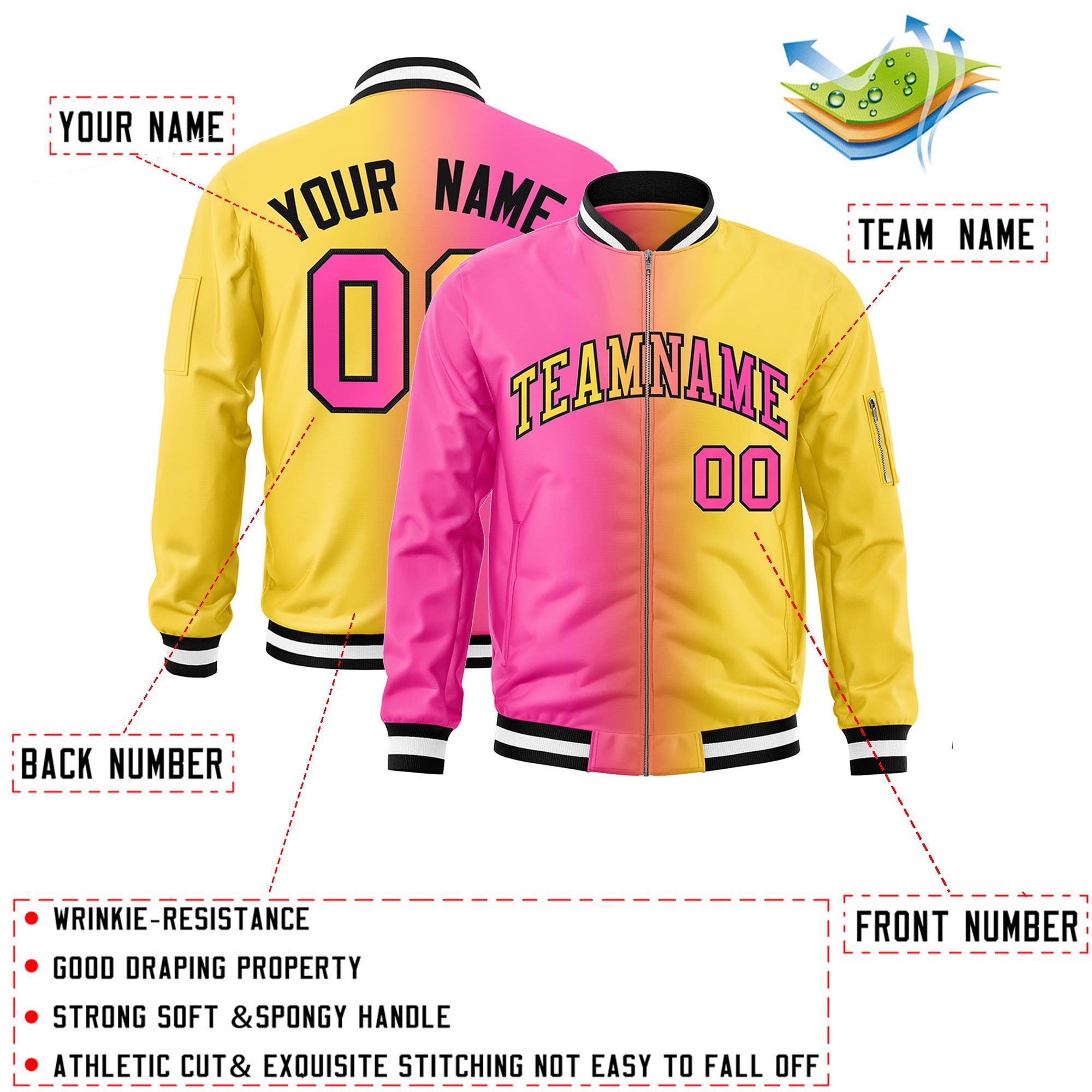 Custom Pink Gold Full-Zip Gradient Fashion Letterman Bomber Jacket