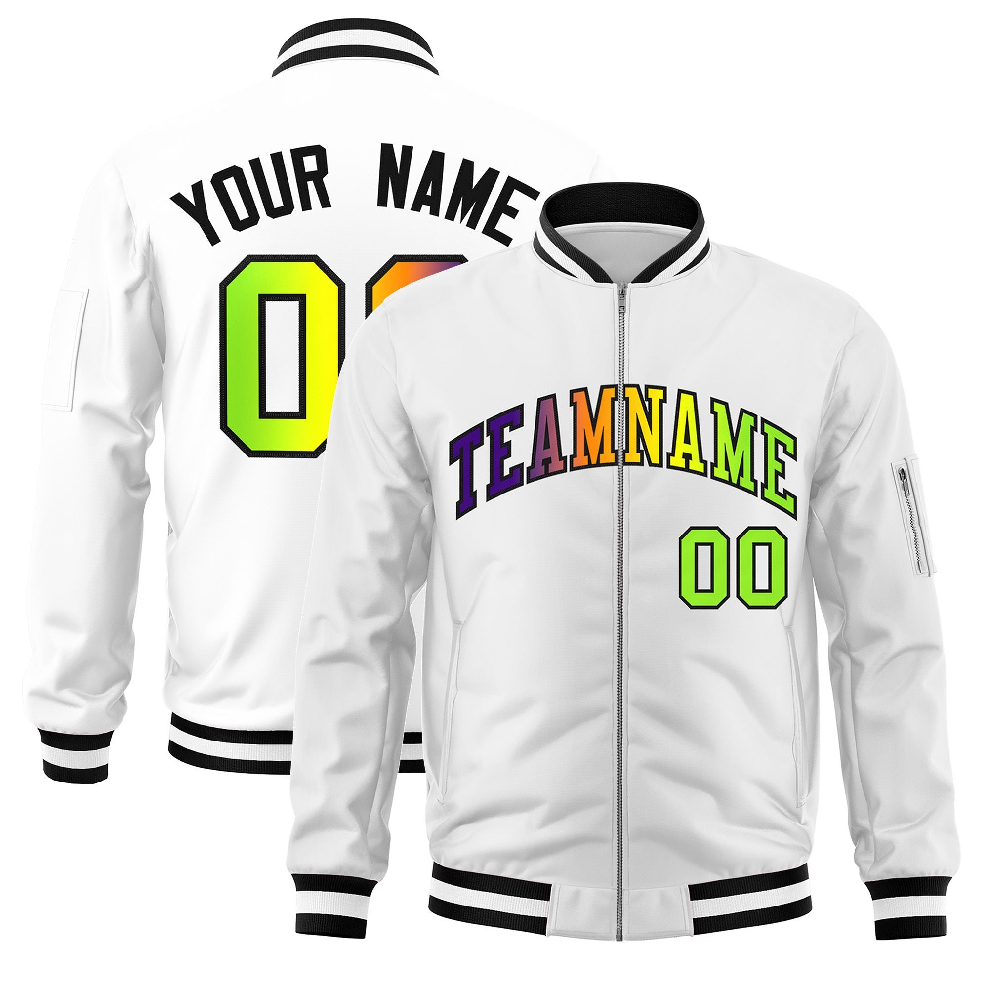 Custom White  Full-Zip Gradient Fashion Letterman Bomber Jacket