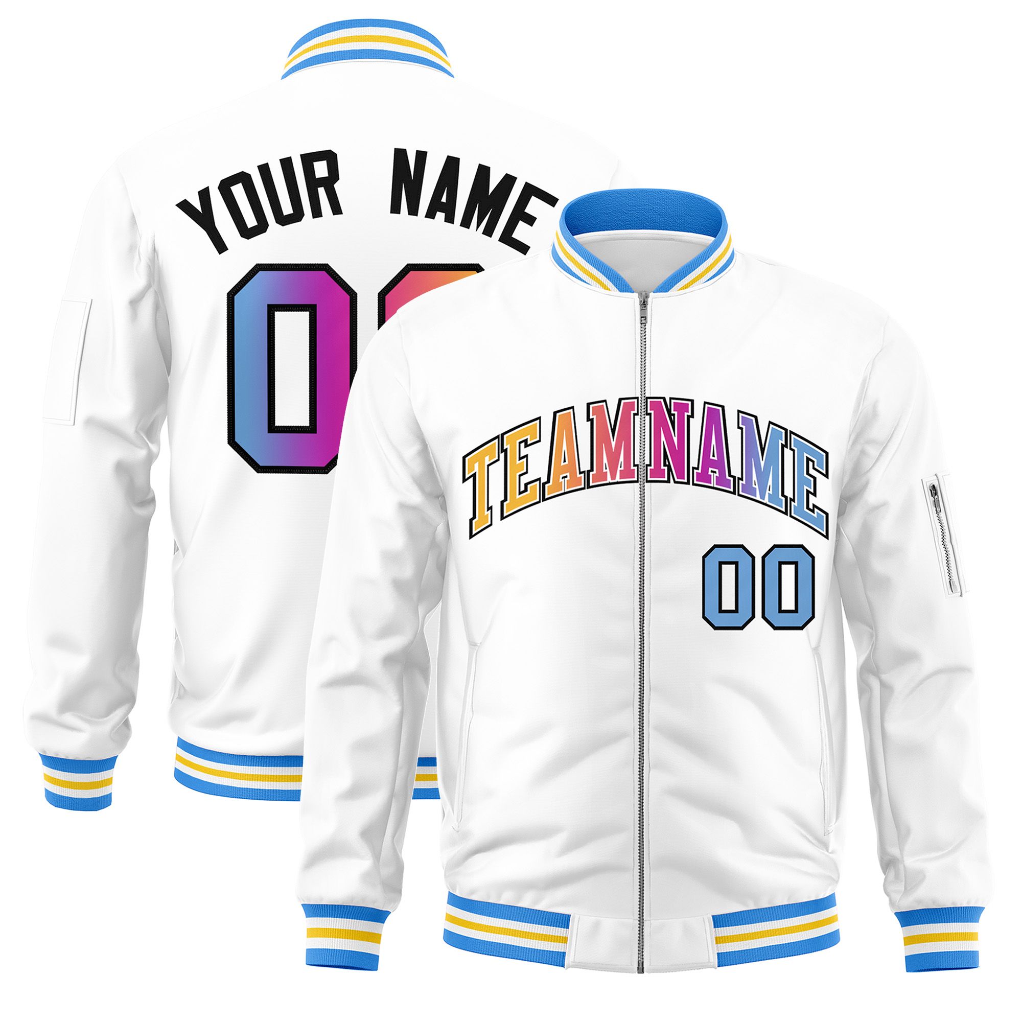 Custom White  Full-Zip Gradient Fashion Letterman Bomber Jacket