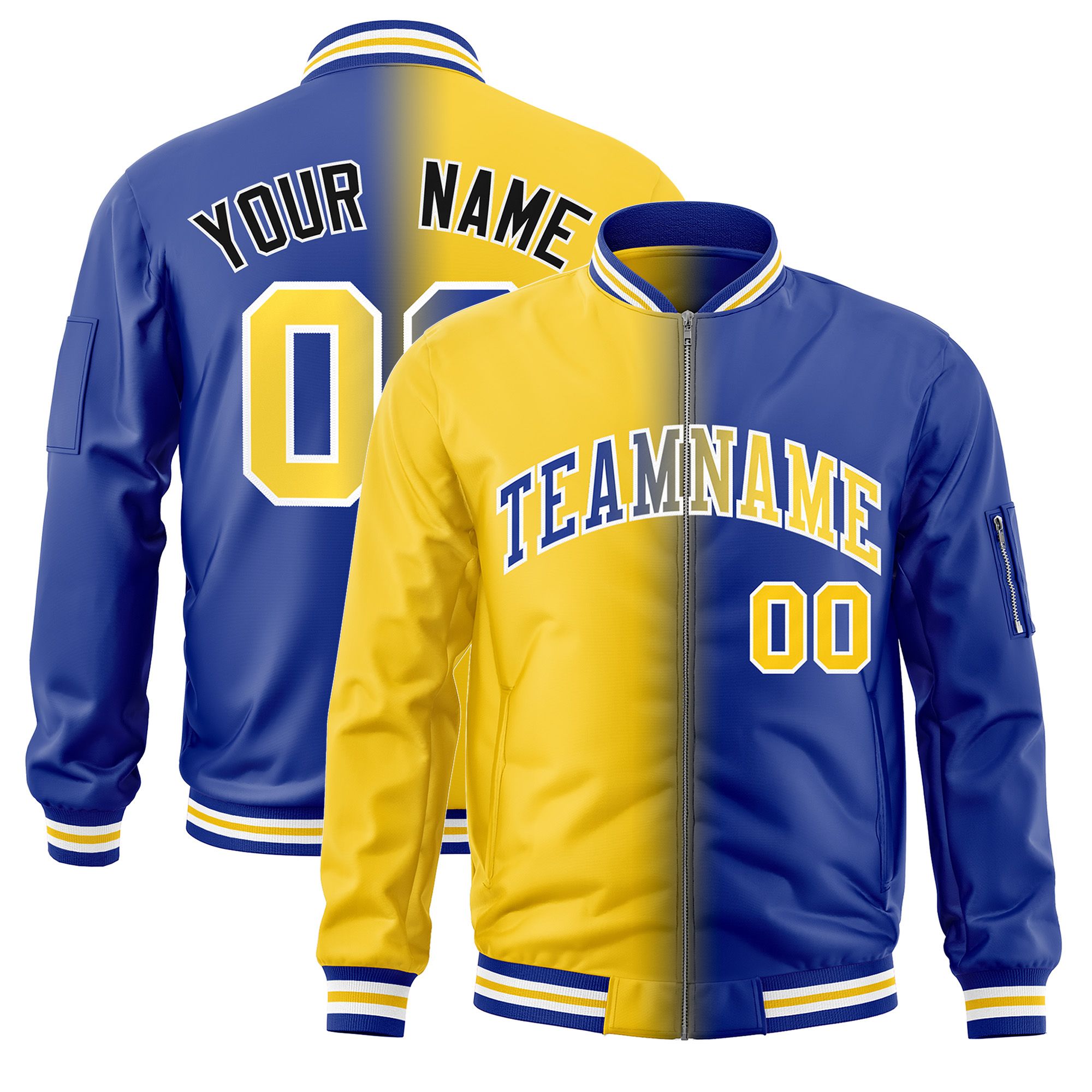 Custom Gold Royal Full-Zip Gradient Fashion Letterman Bomber Jacket