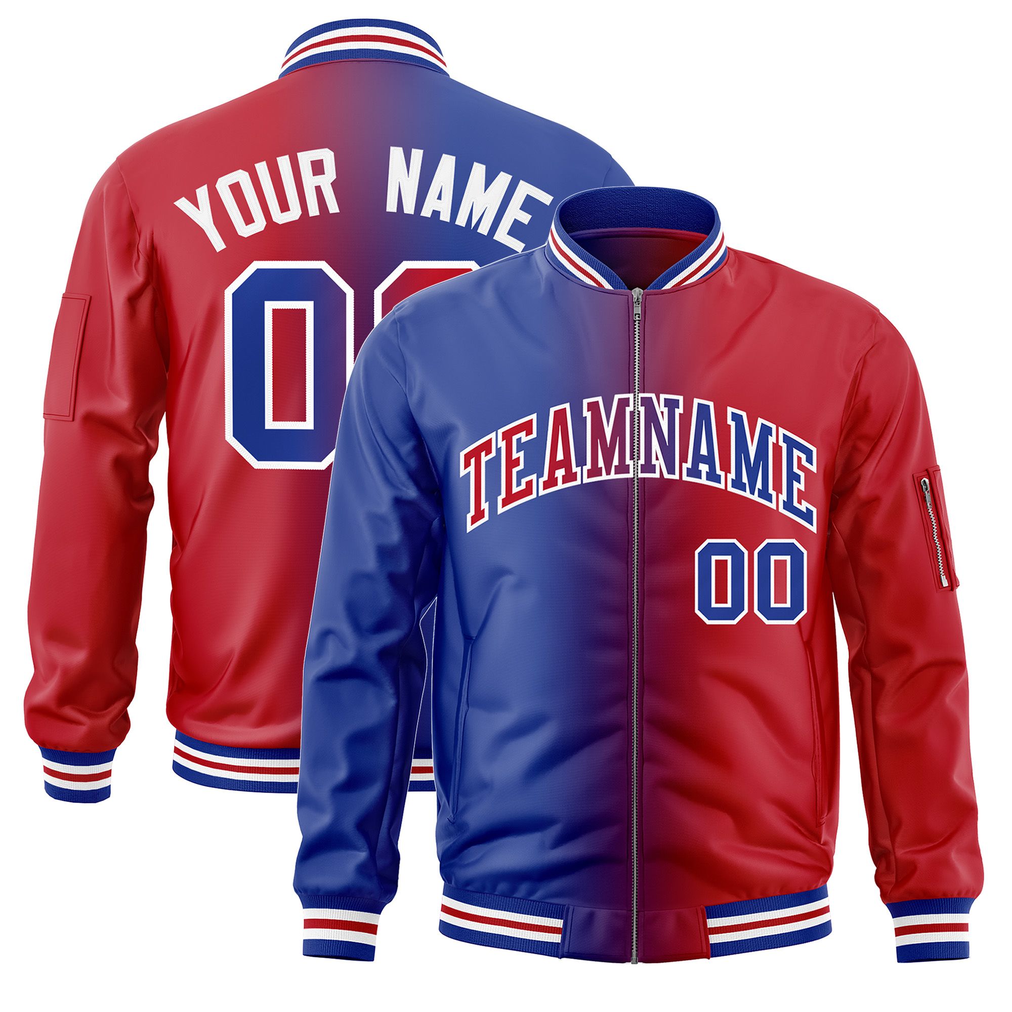 Custom Royal Red Full-Zip Gradient Fashion Letterman Bomber Jacket