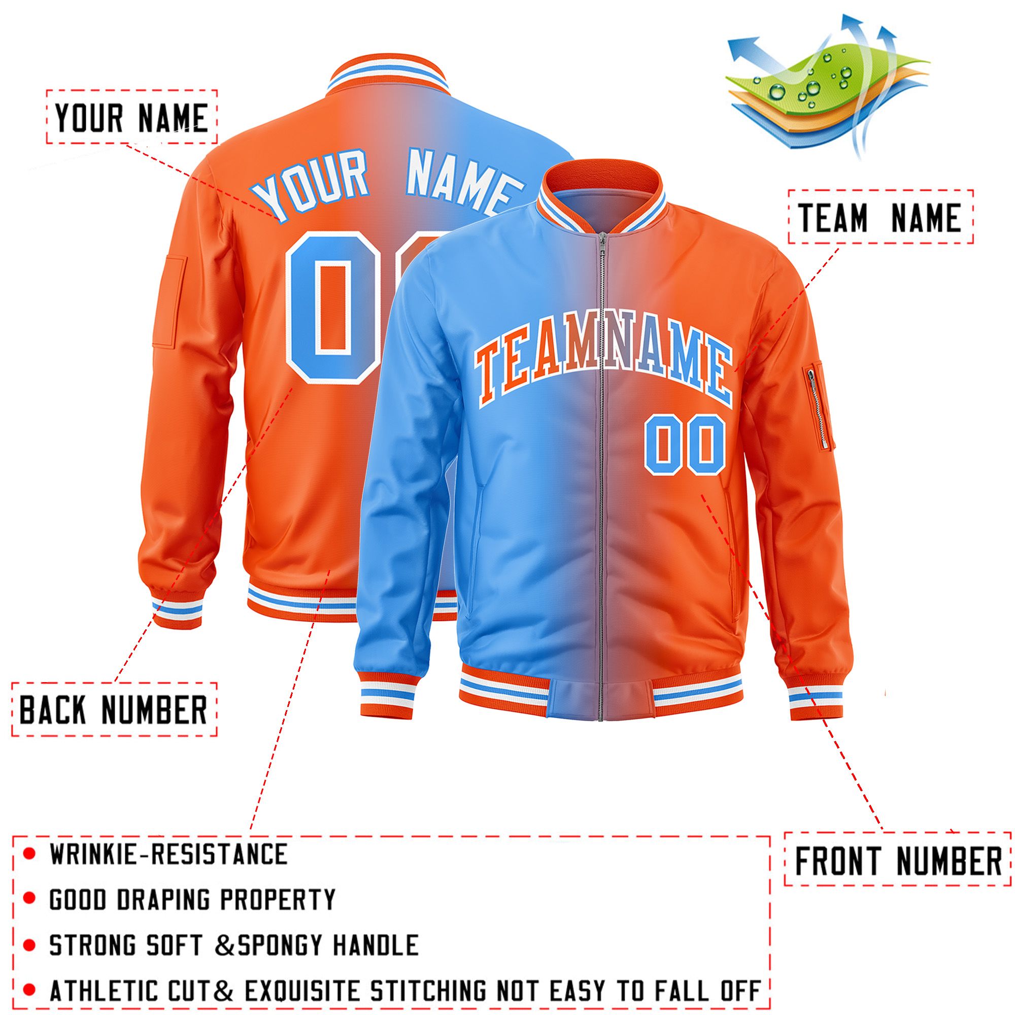 Custom Powder Blue Orange Full-Zip Gradient Fashion Letterman Bomber Jacket