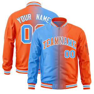 Custom Powder Blue Orange Full-Zip Gradient Fashion Letterman Bomber Jacket