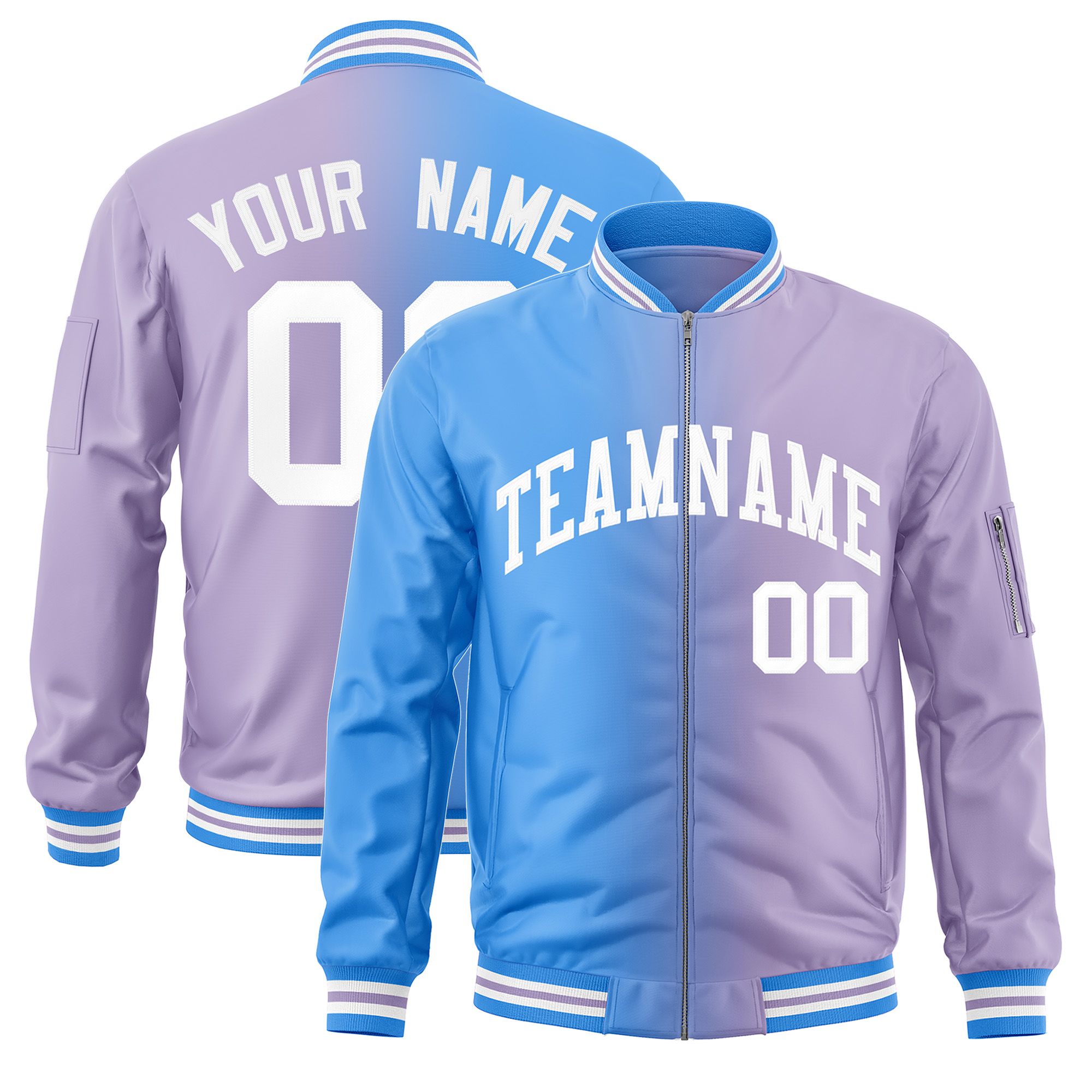 Custom Light Purple Powder Blue Full-Zip Gradient Fashion Letterman Bomber Jacket