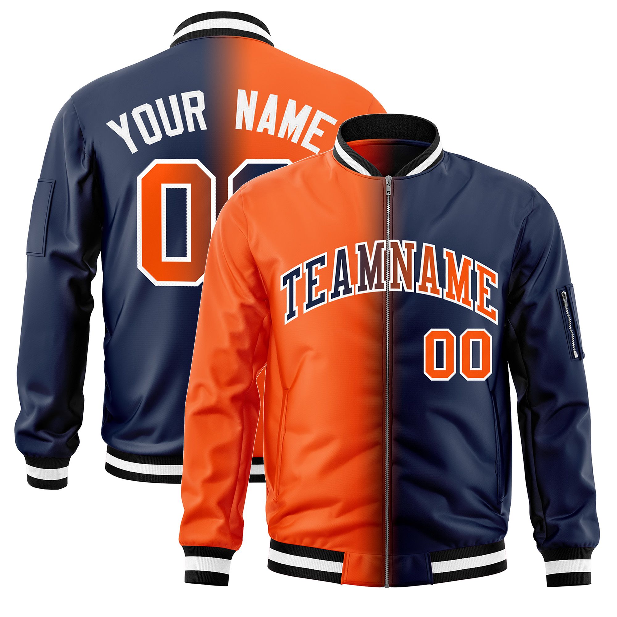 Custom Orange Navy Full-Zip Gradient Fashion Letterman Bomber Jacket