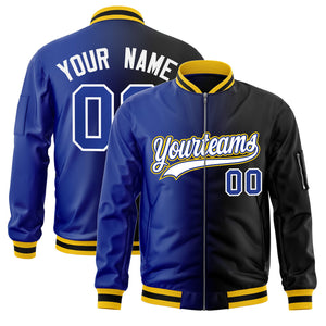 Custom Royal Black Full-Zip Gradient Fashion Letterman Bomber Jacket