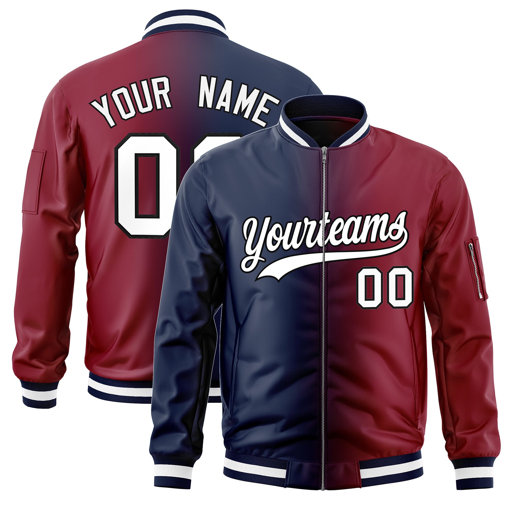 Custom Navy Crimson Full-Zip Gradient Fashion Letterman Bomber Jacket