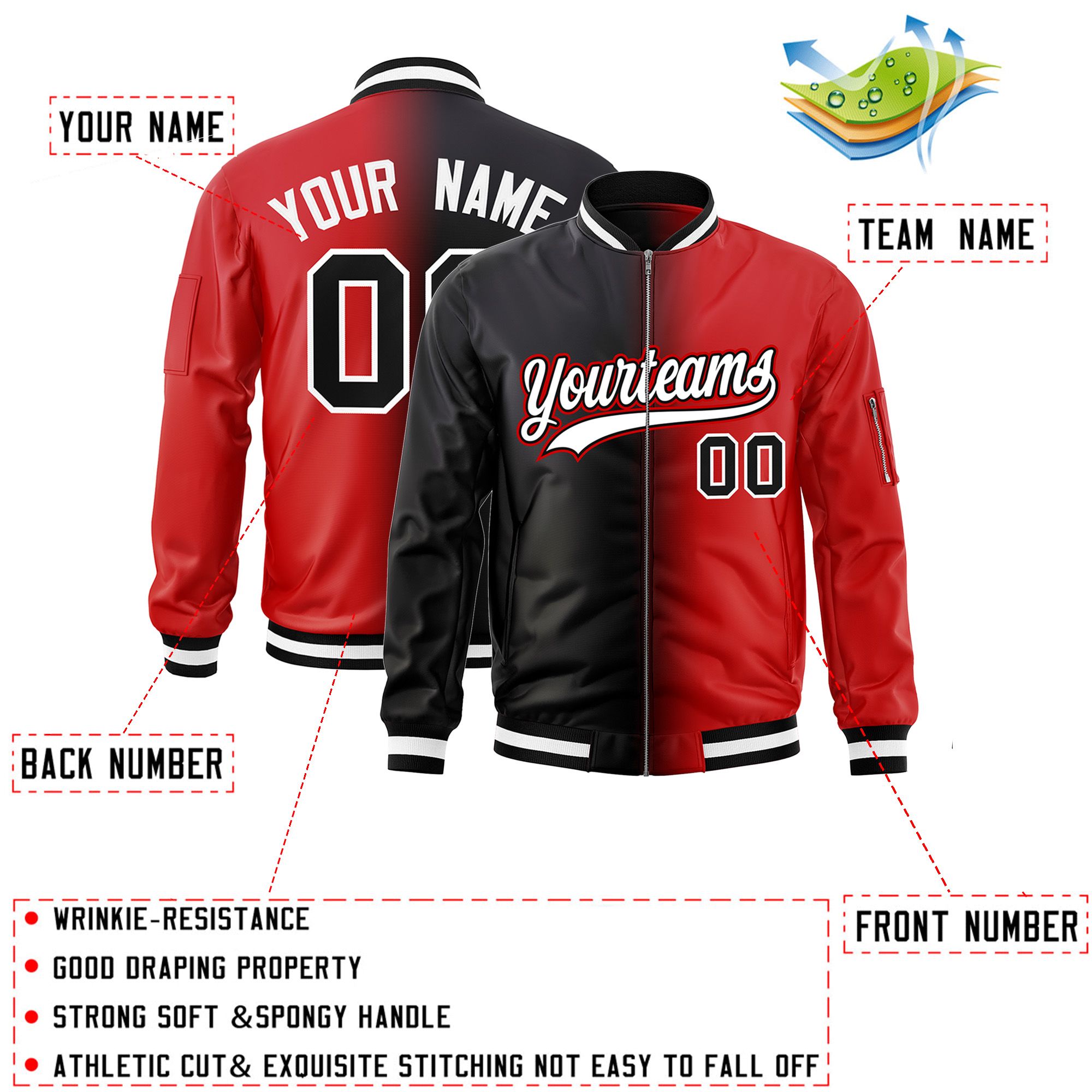 Custom Black Red Full-Zip Gradient Fashion Letterman Bomber Jacket