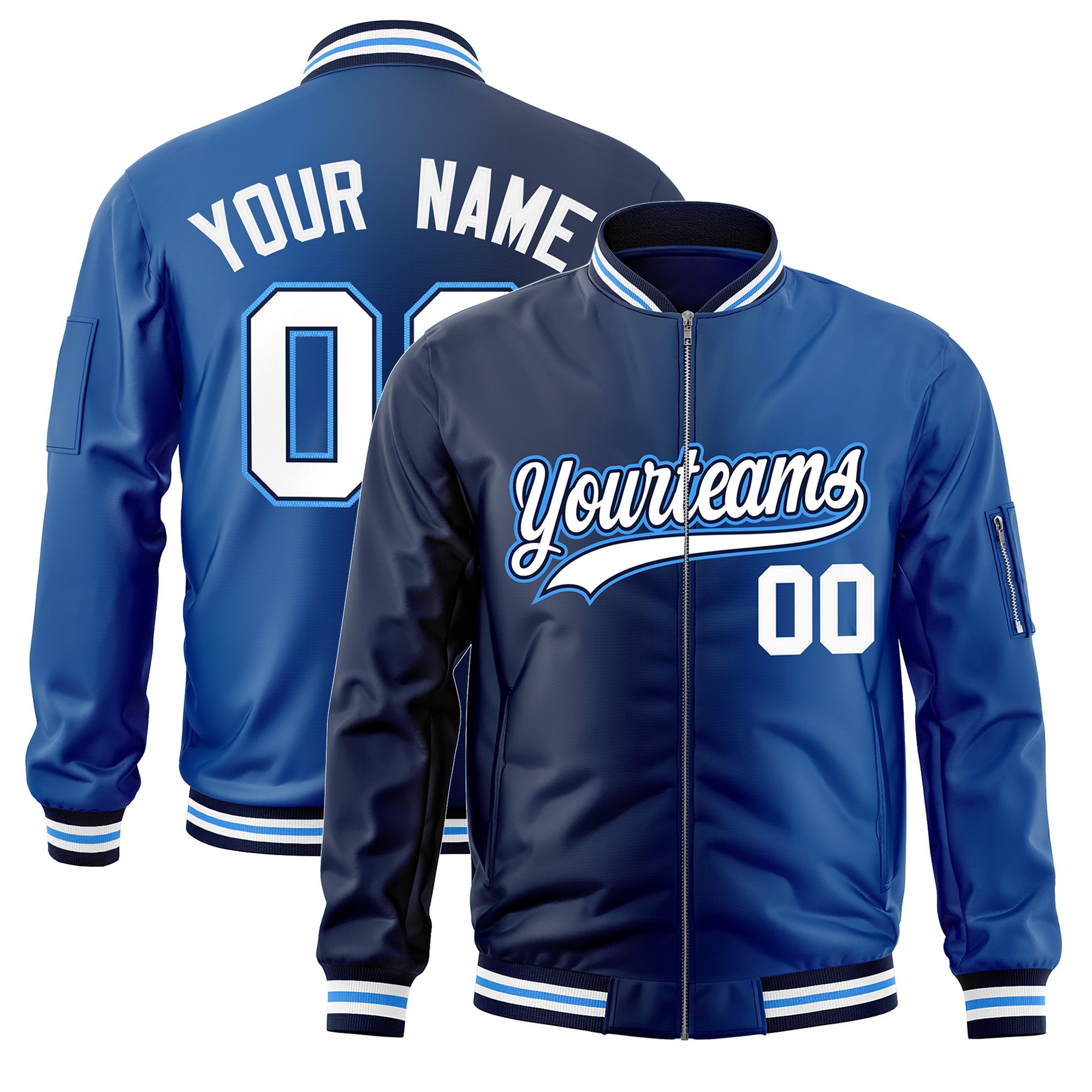 Custom Navy Royal Full-Zip Gradient Fashion Letterman Bomber Jacket